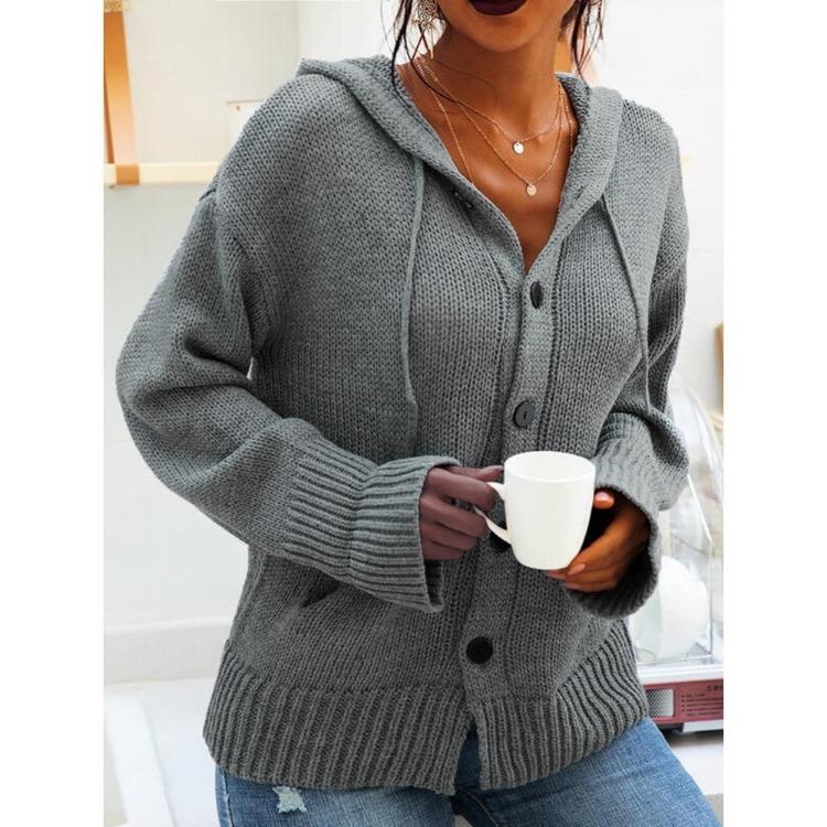New Women Knitted Hooded Cardigan Drawstring Sweater Single Breast Autumn Winter S серый