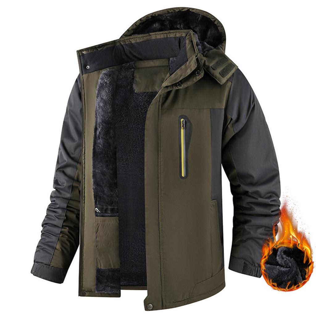 Unisex Colorblock Zipper Pocket Hooded Jacket Men's Casual Plush Jacket