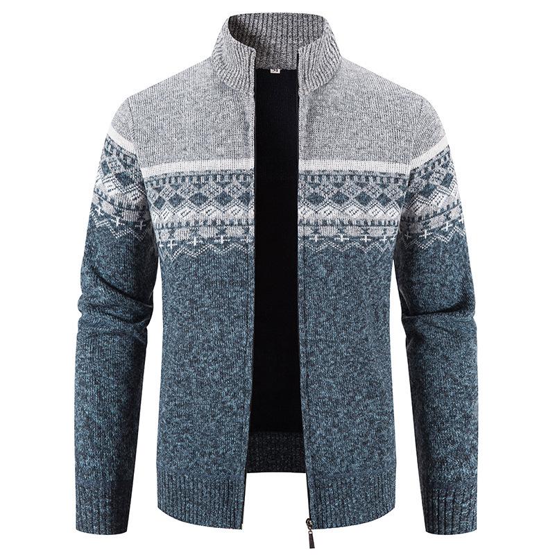 Men's Autumn/Winter Zipper Cardigan: Plus Velvet, Thickened Knit Sweater with Stand Collar - Handsome Style