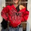 Y2k Emo Kadın Streetwear Hoodie Örümcek Web Kırmızı Fermuarlı Kapüşonlular Grunge Büyük Boy Kazak Gotik Harajuku Alt Ceketler Giysileri