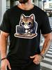 Cute Coding Cat Wearing Glasses Unisexs Front Print T Shirt Computer Nerd Graphic Tee Casual Short Sleeve Top Tech Fan Gift