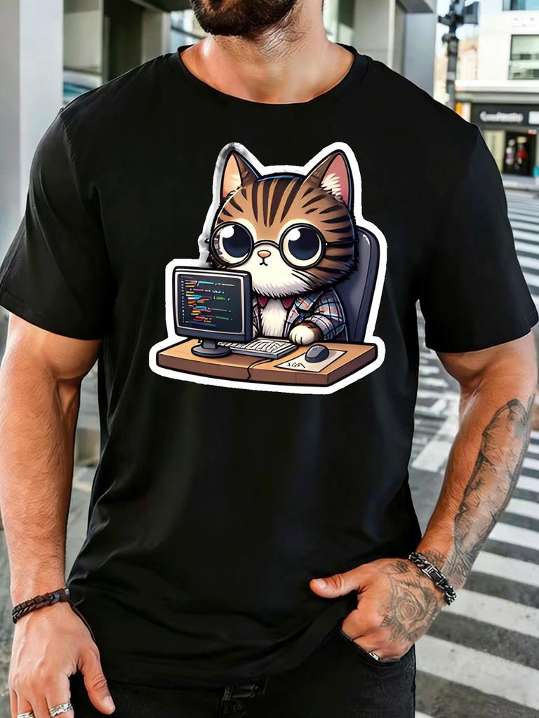 Cute Coding Cat Wearing Glasses Unisexs Front Print T Shirt Computer Nerd Graphic Tee Casual Short Sleeve Top Tech Fan Gift