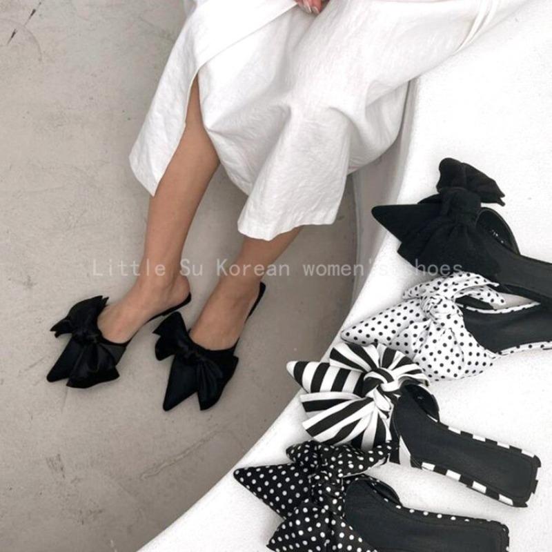 Fashion Oversize Bowtie Mule Shoes Women Fashion Pointed Toe Stripe Wave Slip-on Sandals Ladies Luxury Satin Silk Outdoor Flat Slippers
