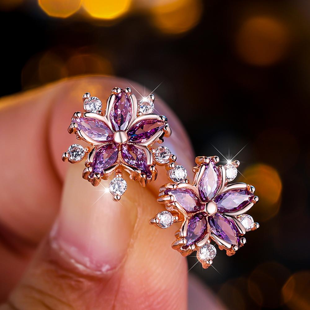 Cute Female White Purple Zircon Stone Snowflake Stud Earrings Vintage Rose Gold Color Wedding Jewelry For Women