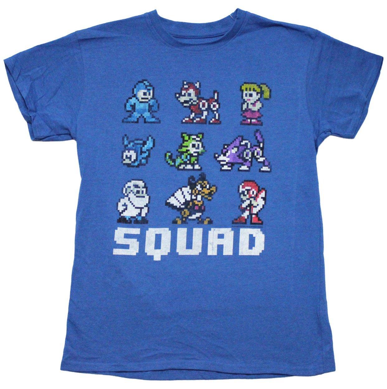Mega Man New Adult T-Shirt - Pixeled Characters over  Squad  Name XL
