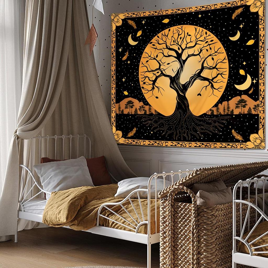 Tree Of Life Tapestry,Boho Design With Golden Tree,Moon Stars And Feathers On Black Background Print Wall Hanging For Home Decor