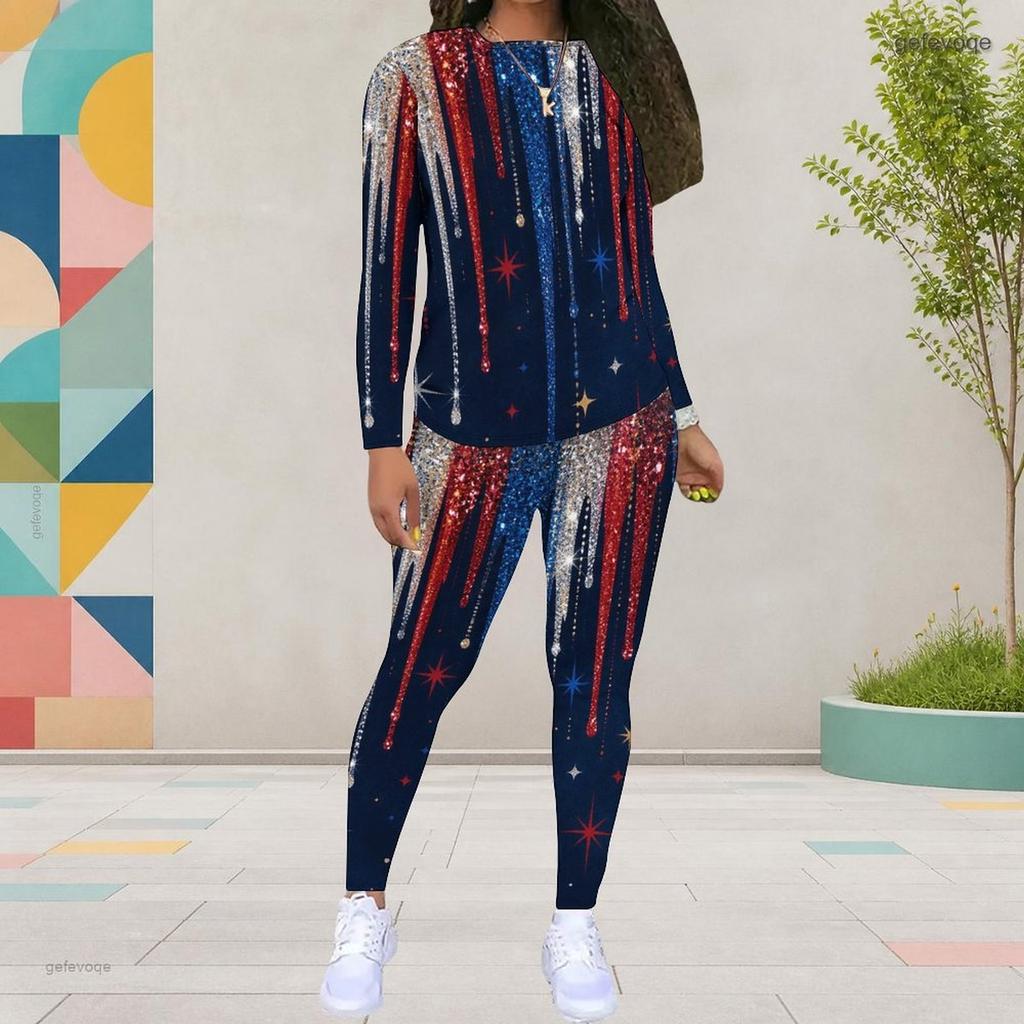 Women Plus Size Round Neck Long Sleeve Blue White Red Printed Top Fitted Pants Two Piece Set
