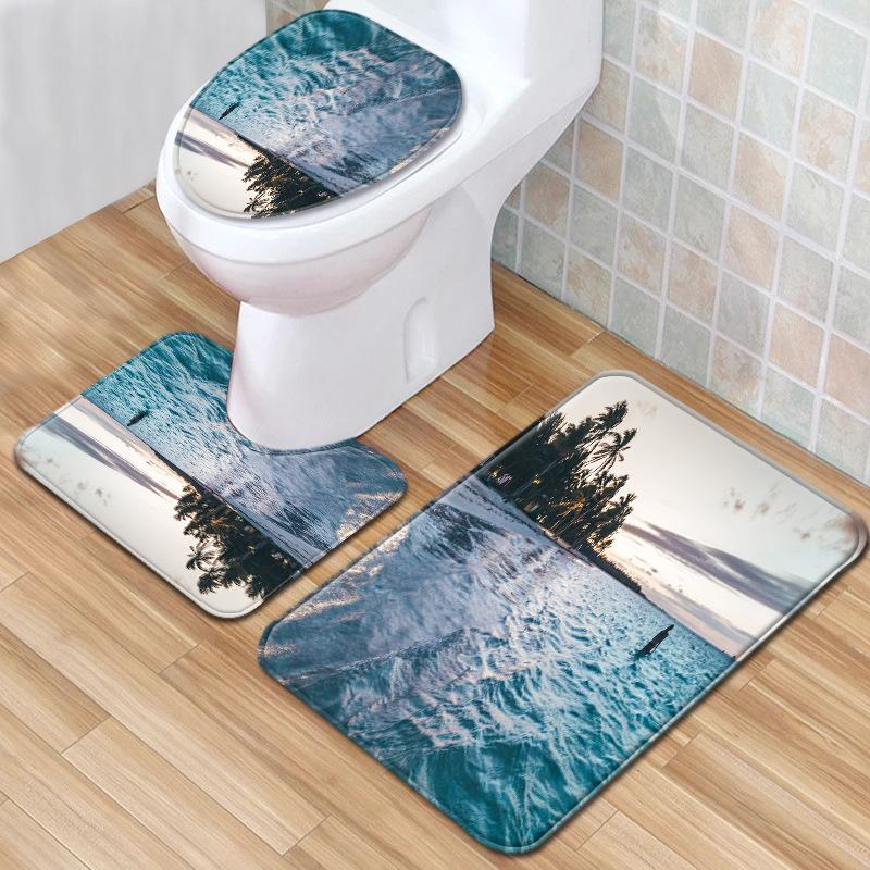 Beach View Bathroom Floor Mat Three-Piece Toilet Carpet Toilet Mat Set Door Mat Bathroom Non-Slip Mat