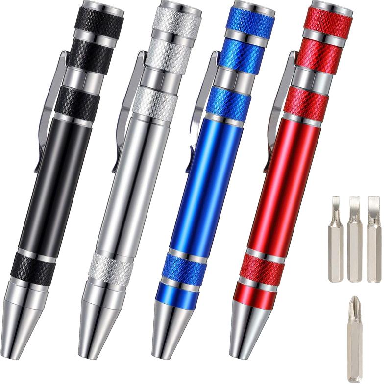 Multi-function 8 in 1 Customizable Hyx Brand Pocket Screwdriver Tools Aluminum Alloy Pen Style with 8 Bits Eight in one screwdriver (silver) * 25)