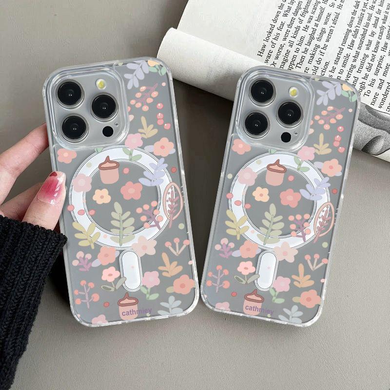 Magnetic Acrylic Floral Phone Case for iPhone 12, 13, 15, 16, 17 ProMax - Light Luxury, High-End Design