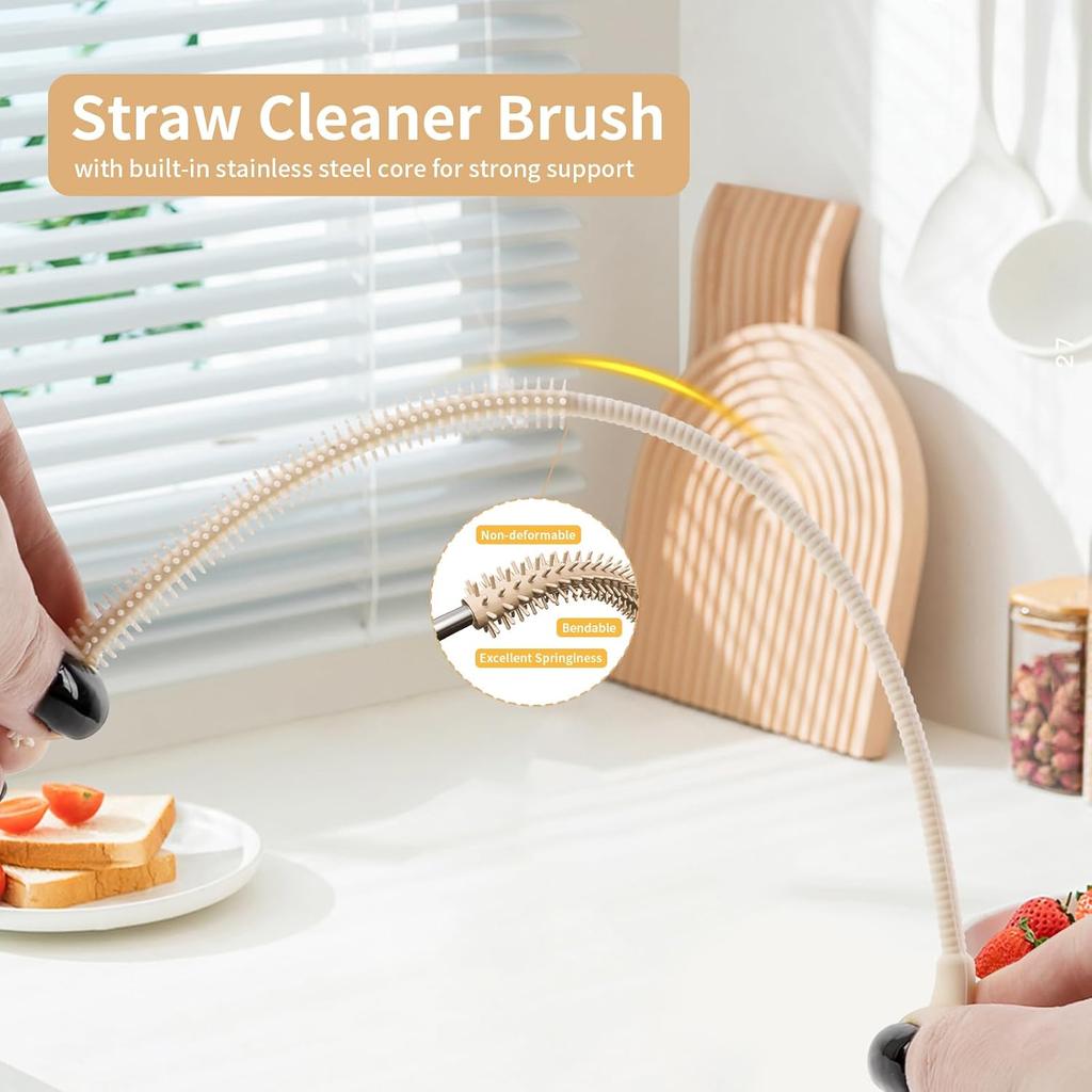 2Pcs Silicone Straw Cleaner Brush, 9.84in Reble Straw Cleaner with Bendable Steel Core, Extra Long Soft Bottle Brush for Clearing Glass Straws,