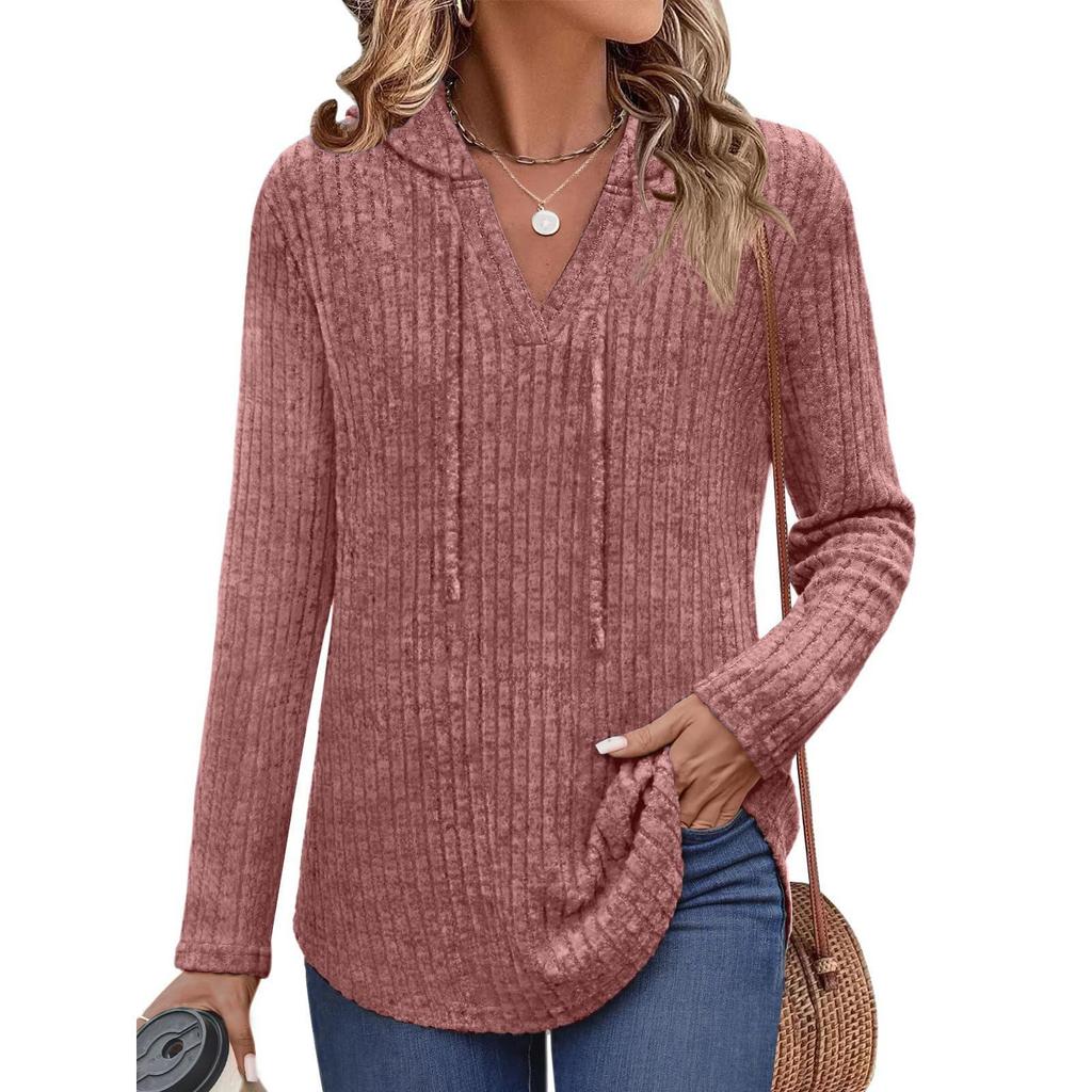 2025 Autumn/Winter Women's Plus Size V-Neck Hooded Ribbed Long Sleeve Loose T-Shirt