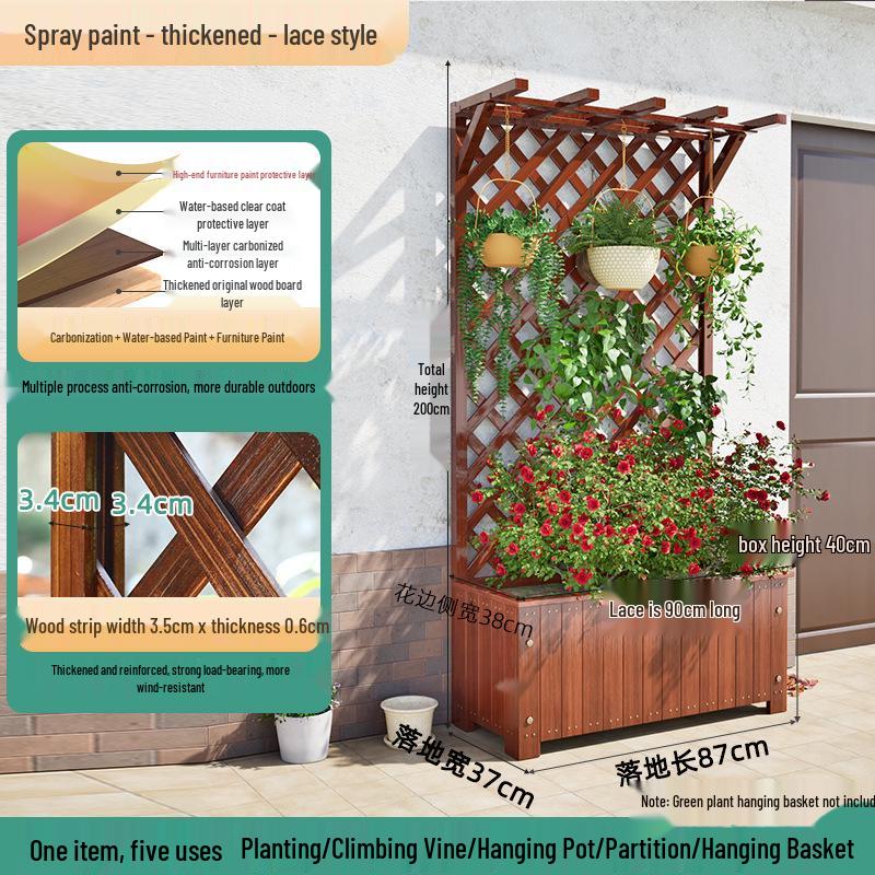 Carbonized Wooden Planter with Trellis: Outdoor Anticorrosive Flower Pot and Climbing Rack for Balcony or Garden.