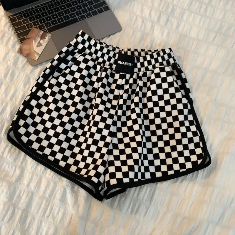 Elastische Taille Plaid Shorts Frau Koreanische Mode Breite Bein Shorts Frau Casual Einfache Gerade Kurze Hosen Frau Sommer