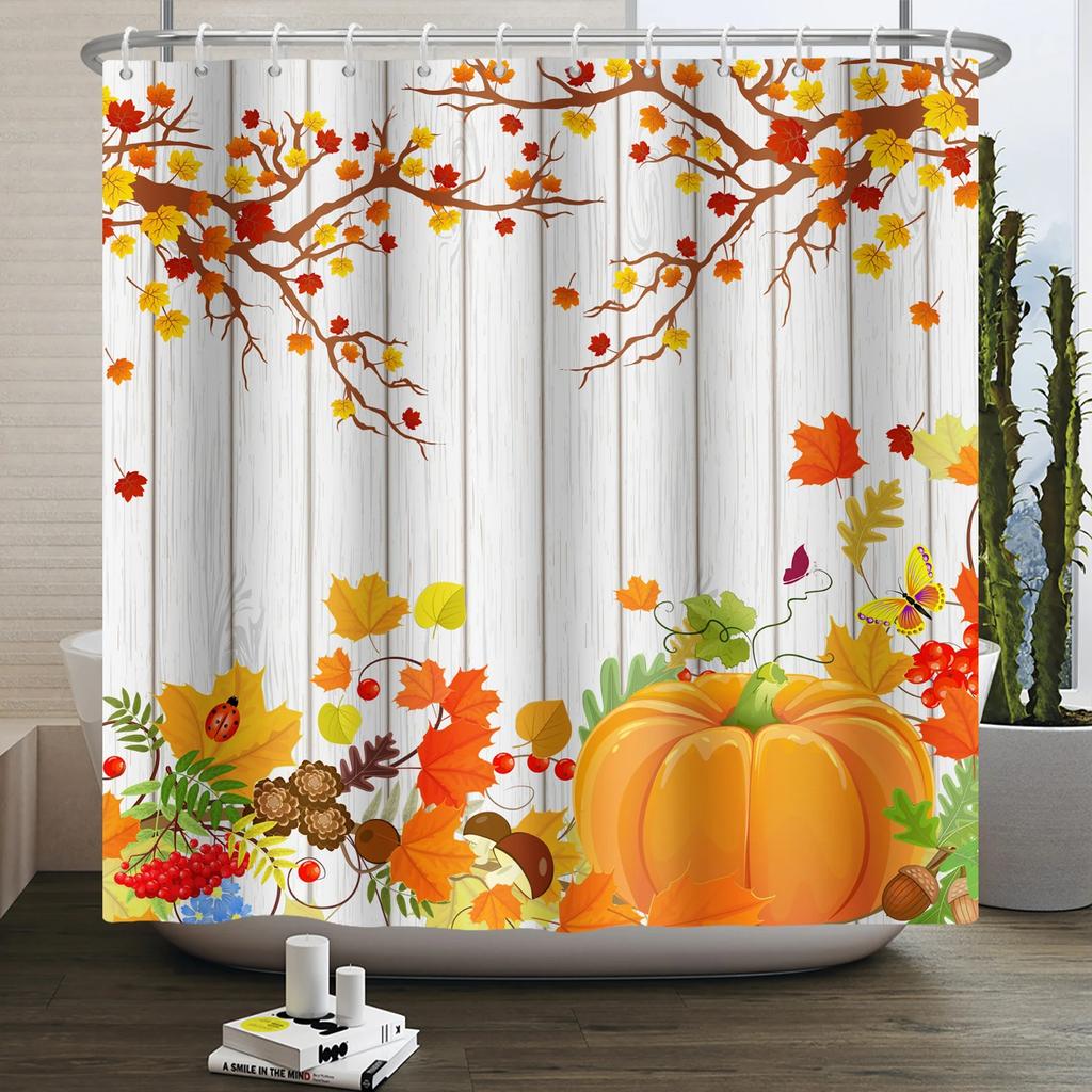 Autumn Forest Maple Shower Curtain Natural Jungle Leaves Pumpkin Fall Bathroom Shower Curtain Waterproof Shower Curtain Decor
