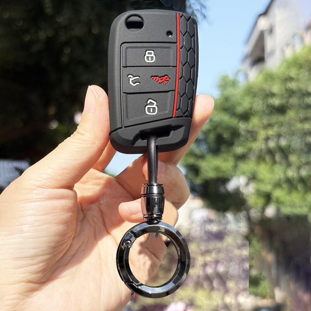 Silicone Key Fob Cover Fit For Volkswagen VW Atlas Tiguan Golf Alltrack SportWagen R Polo E-Golf Folding Flip 4 Buttons Key Fob