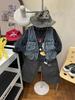 2025 Autumn Children's V-Neck Multi-Pocket Denim Vest Jacket - Trendy Short Sleeve Outerwear