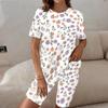 Women Plus Size Round Neck Short Sleeve Longline Top Printed Pumpkin Bat Bow White Two Piece Pajama Set