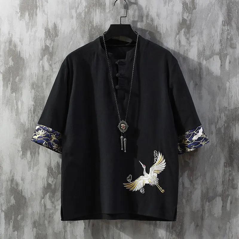 Men s Chinese Style Crane Embroidery Linen Blend T-shirt Frog Button Half Sleeve Casual Top M