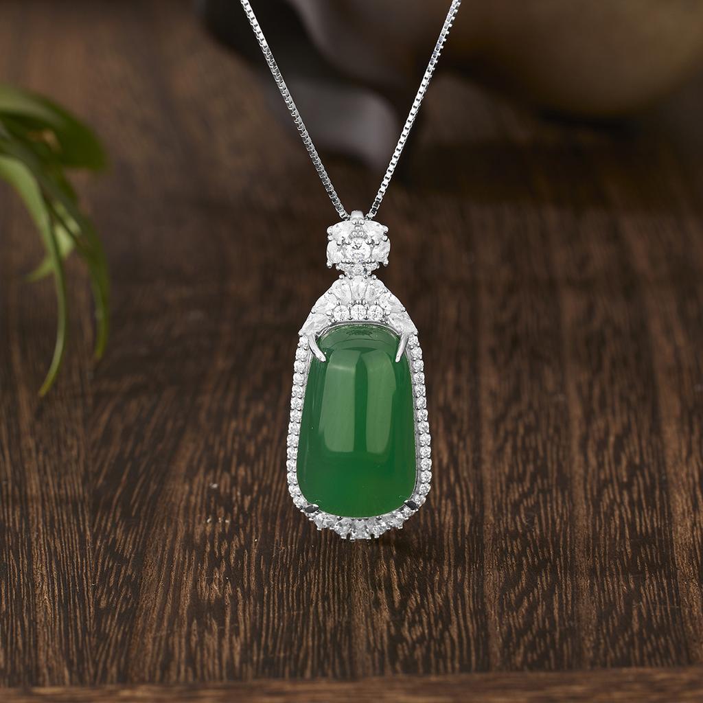 S925 Sterling Silver Inlaid Natural Chalcedony Ping An Plaque Necklace, Luxury National Style Jade Pendant Clavicle Chain for Women