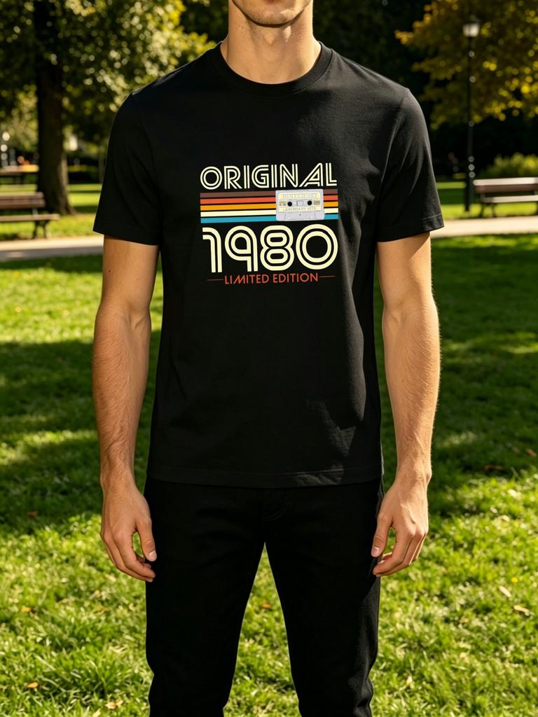 Unisexs Tee Original 1980 Limited Retro Cassette Stripes Print Cotton Short Sleeve Male Casual Streetwear Outdoor Daily Basic Top