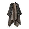 Womens Open-Slit Cape Shawl With Fringe Trim Double-Sided Knit Wrap In Vintage Style Travel Warmth