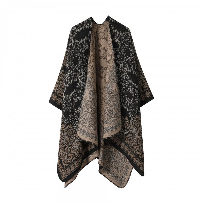Womens Open-Slit Cape Shawl With Fringe Trim Double-Sided Knit Wrap In Vintage Style Travel Warmth