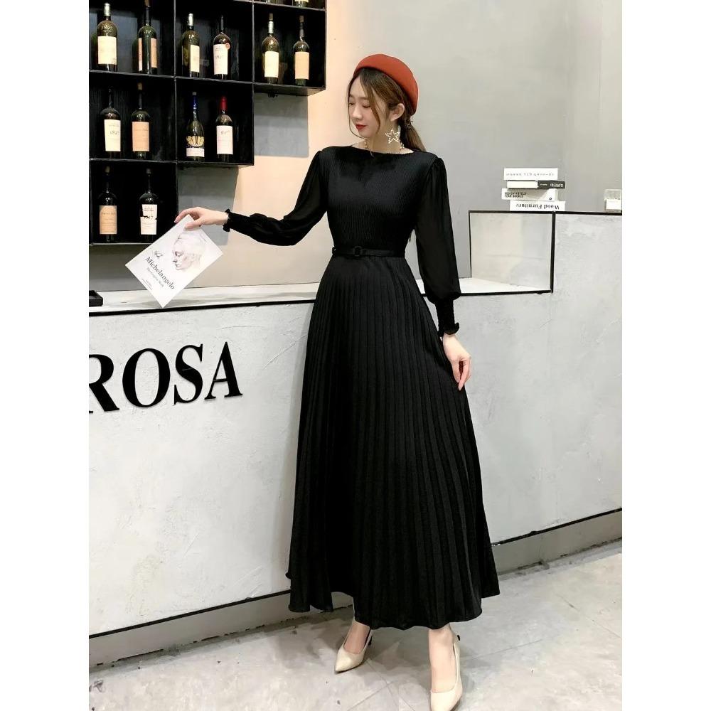 Women Slim Pleated Maxi Dress with Belt Female Streetwear Vintage Dress Tie Front Dress  Robe