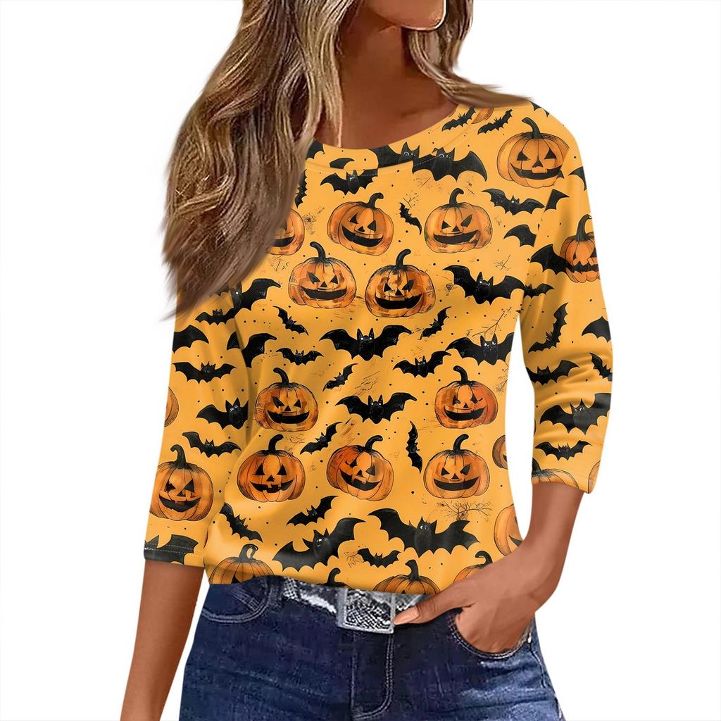 Damski T-shirt z nadrukiem na Halloween, rękaw 3/4, codzienny, modny, podstawowy, z okrągłym dekoltem, regularny top
