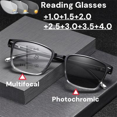 Fashion Luxury Photochromic Multifocal Reading Glasses Men's Business Square High-definition Anti Blue Light Presbyopia Glasses