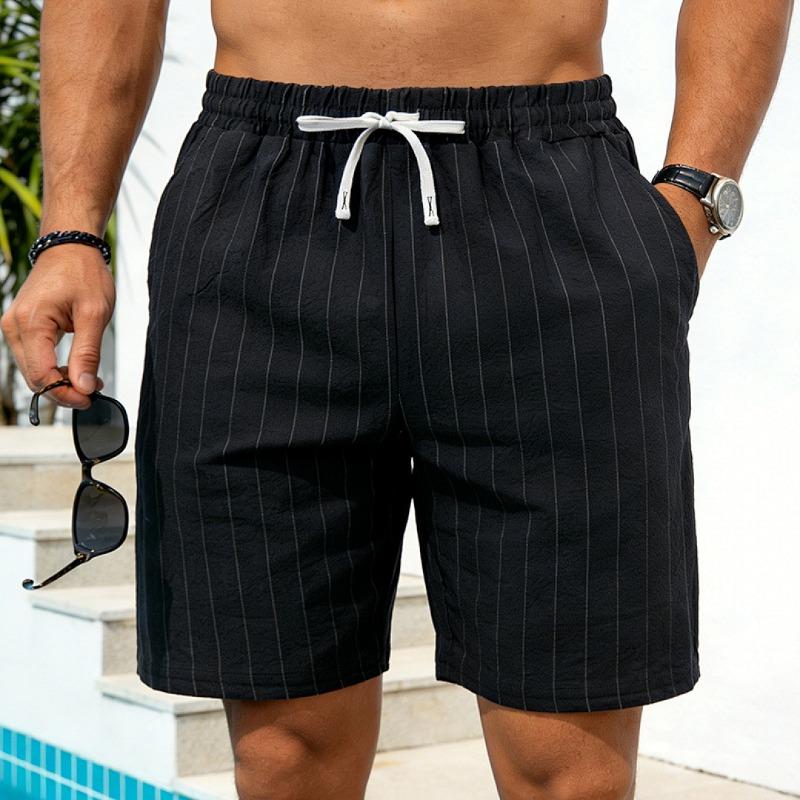 Mens Striped Linen Drawstring Beach Shorts Summer Casual