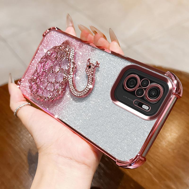 KEYSION Shockproof Plating TPU Phone Case for Redmi Note 10 10S 10 Pro 4G Glitter Jewelled Swan kickstand Back Cover for Xiaomi POCO M5S