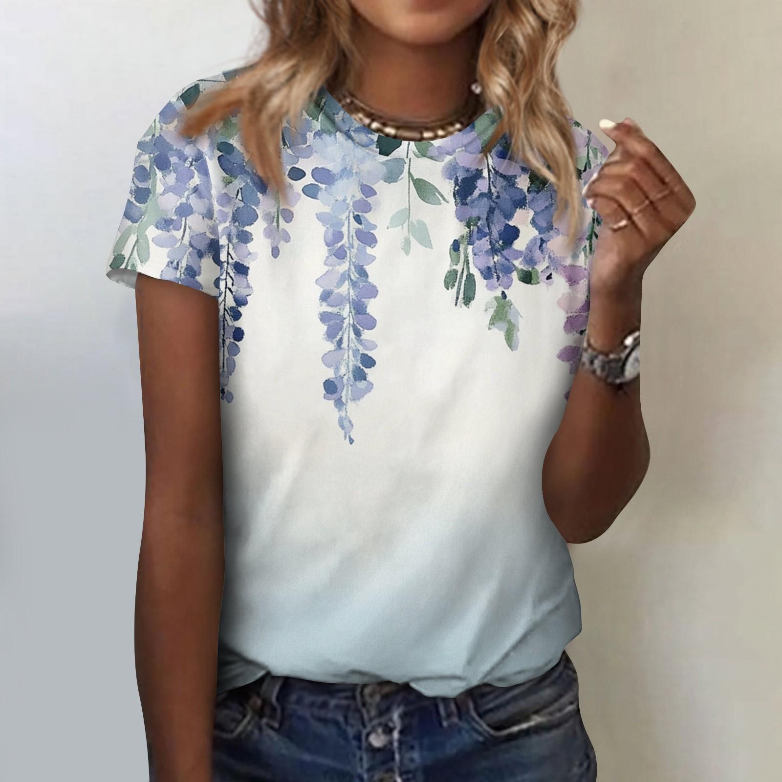 

Жіноча модна повсякденна блузка з круглим вирізом і короткими рукавами з квітковим принтом M білий