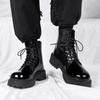 New Men Black Patent Leather British Style Motorcycle Boot Couple Outdoors High Top Leather Waterproof Casual Leather Boots