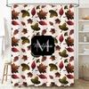 Personalized shower curtain featuring autumn leaves pattern with glittery finish, custom name monogram in black font customizabl