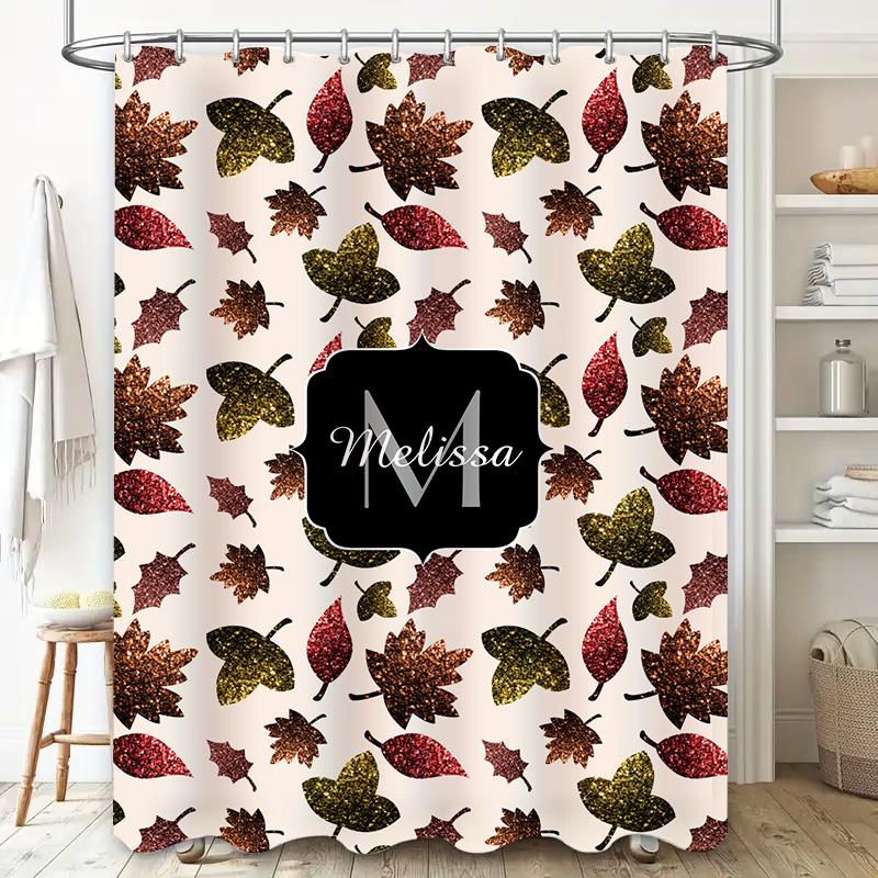 Personalized shower curtain featuring autumn leaves pattern with glittery finish, custom name monogram in black font customizabl