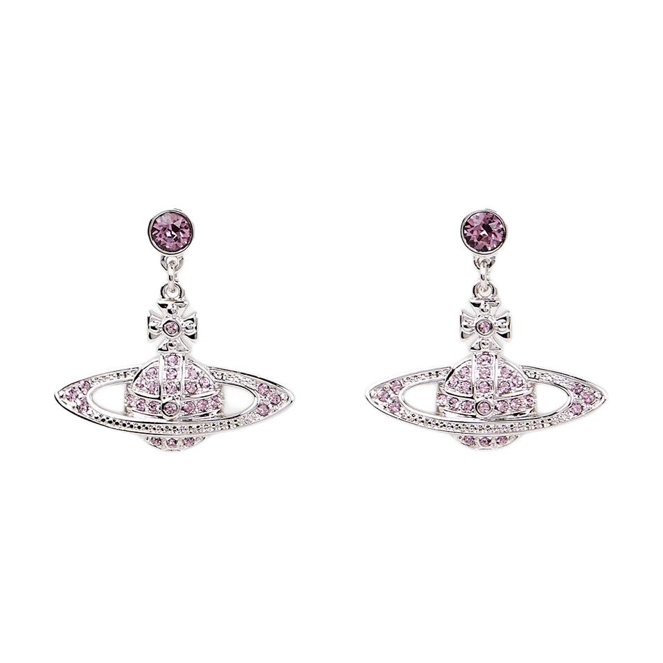 Vivienne Westwood Mini Bas Relief Saturn Shaped Pendant Crystal Earrings Unisex Earrings Silver Purple Pink 62020025-02P551