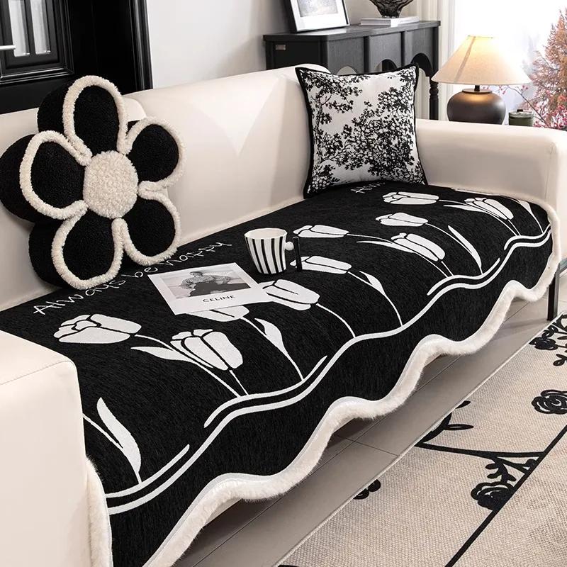 Copridivano invernale in ciniglia Cuscino per divano di forma irregolare Universale per quattro stagioni Tappetino antiscivolo per divano Copridivano con bordo in peluche jacquard