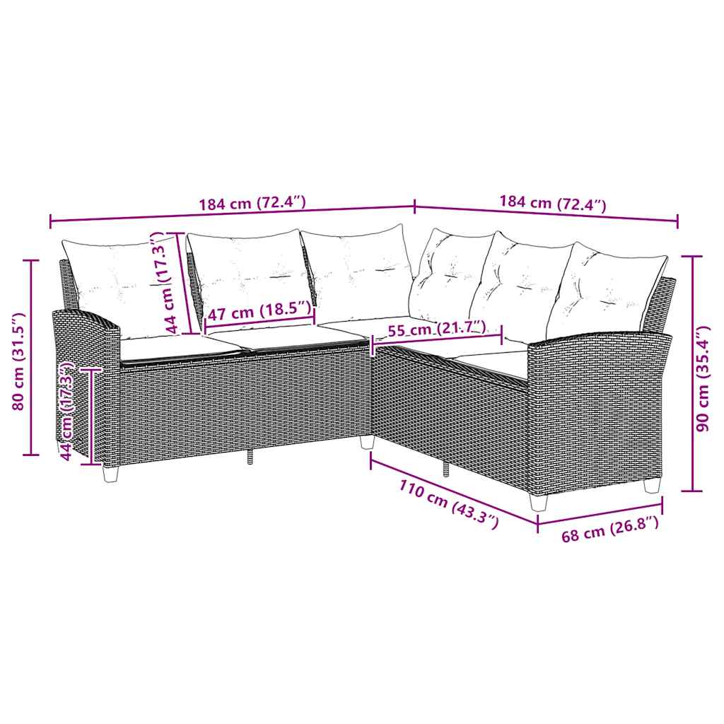 L Shaped Sofa with Cushions Grey Poly Rattan