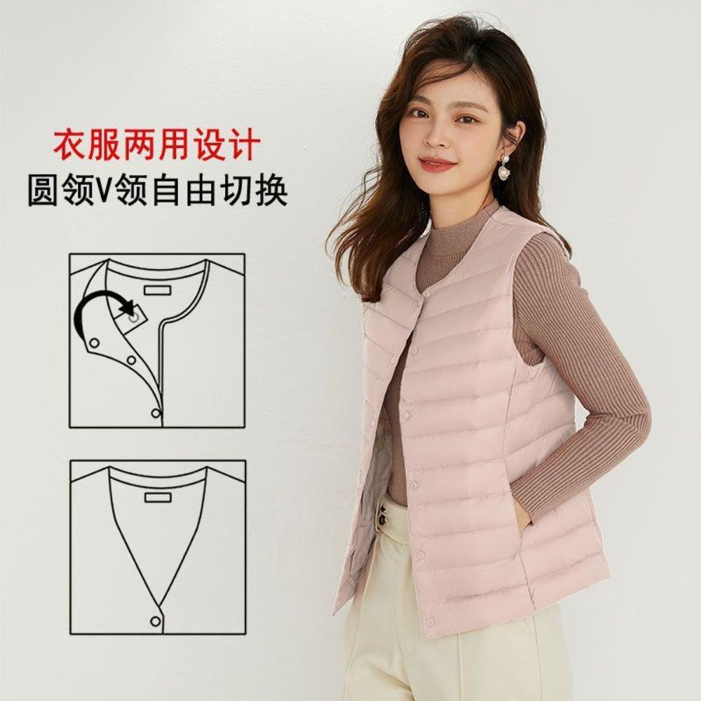 Women's V‑Neck Sleeveless White Duck Down Vest Regular Fit Commuter Layering Gilet