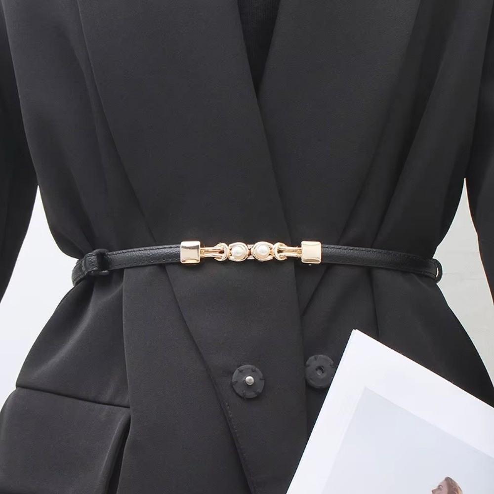 Adjustable Buckle Thin Women Belt PU Leather Decorative Waistband Pearl Buckle Belt  for Skirt