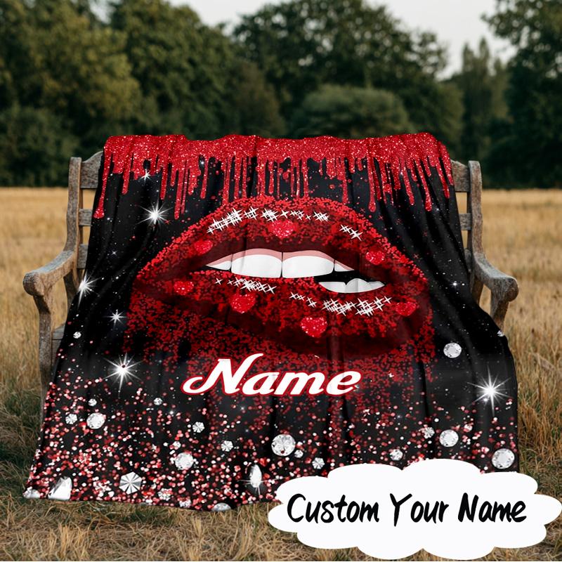 Custom Name Red Lips Art Blanket Ideal Bedding Blanket Perfect for Travel, Camping, Living Rooms, Offices, Sofas, Fan Christmas gift
