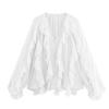 Chiffon Ruffled V-Neck Shirts Top Women Blouse Tee 2026 Summer Sheer Lace-Up High Waist Blouse Elegant Female Shirts Tops