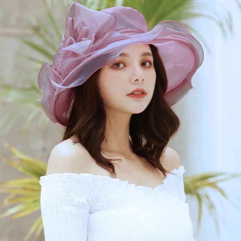 Women's Bright Color Sun Protection Hat - Breathable Organza with Single Flower for Spring/Summer Beach Travel