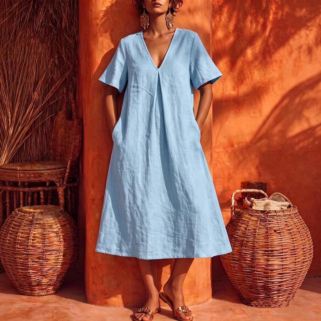 Women's Casual V Neck Midi Dress Short Sleeve Loose Fit Minimalist Mid Length Dress with Pockets Lightweight Comfortable Fabric