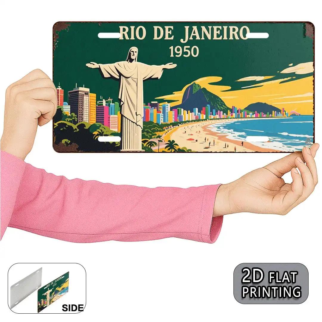 HD Aluminum Print Vintage Rio de Janeiro Brazil Christ the Redeemer Copacabana Beach License Plate Style Wall Art High Definit 15x30cm(5.9x7.8inch)