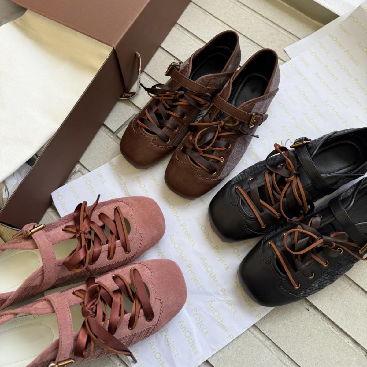 

2025 Новые женские весенние балетки из натуральной кожи с неглубоким вырезом на шнуровке и лентой 38 чёрный