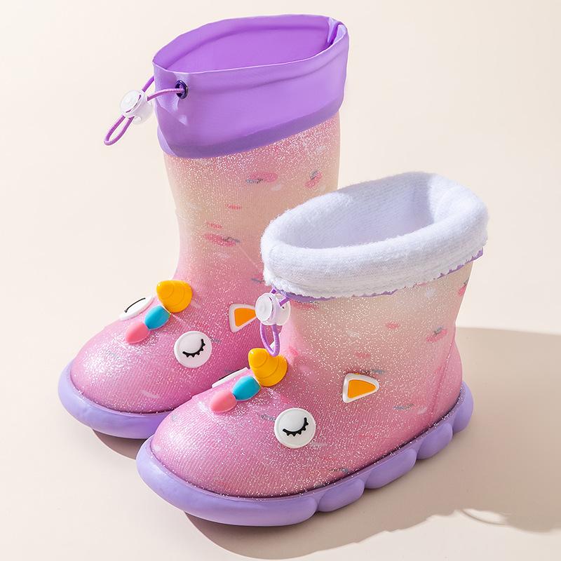 Cartoon Mid-Calf Unicorn Waterproof Boots for Children, Padded Warm Rain Boots for Girls, Student Outdoor Non-Slip Water Shoes