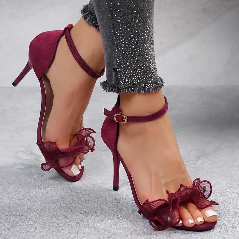 Fashion 2025 Summer New Women's Lace Ruffle Sandals with Stiletto Heel Buckle Straps Plus Size Cover Heel Evening Party Sandals Shoes