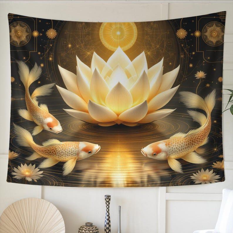 Golden Koi and Lotus tapestry 75x100 чёрный